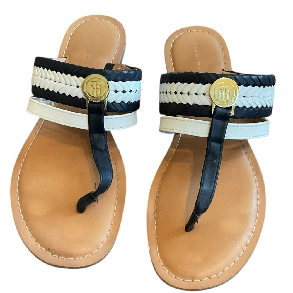 Tommy Hilfiger Thong Sandal Black and White, Size: 7.5